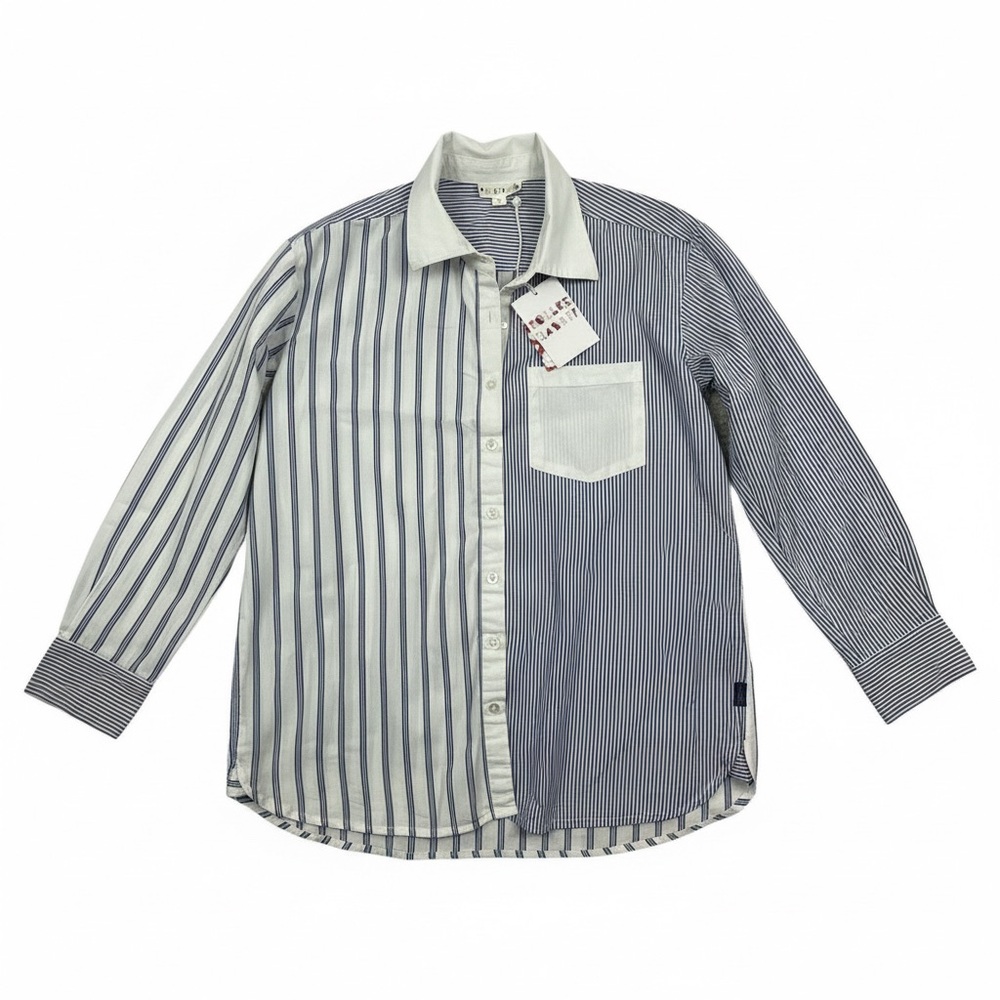 NWT Roller Rabbit Pinstripe Boyfriend Shirt Blue Cotton Button Down XS